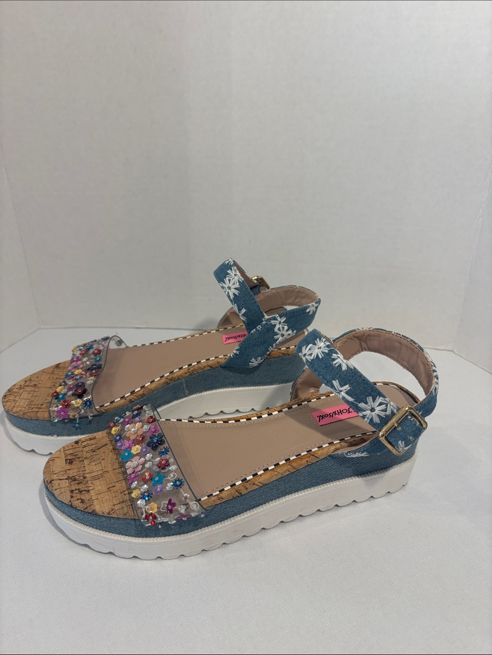 Betsey Johnson cork platform Denim Wedge Sandals with Floral Sequins straps. 9 - Picture 2 of 10